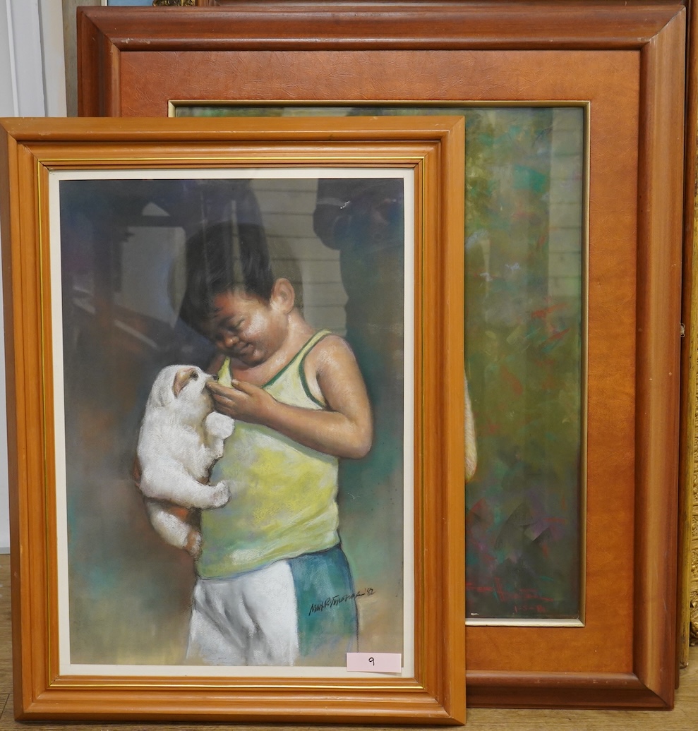 20th century, Portrait of a young Thai girl holding a puppy, indistinctly signed and dated 1981 together with a similar pastel of a young boy holding a dog, indistinctly signed and dated '82, largest 70 x 54cm